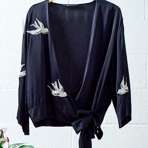 Embroidered Black Kimono with Cute Birds